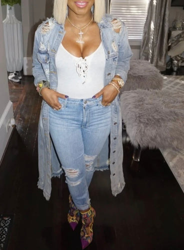 Distressed denim trench